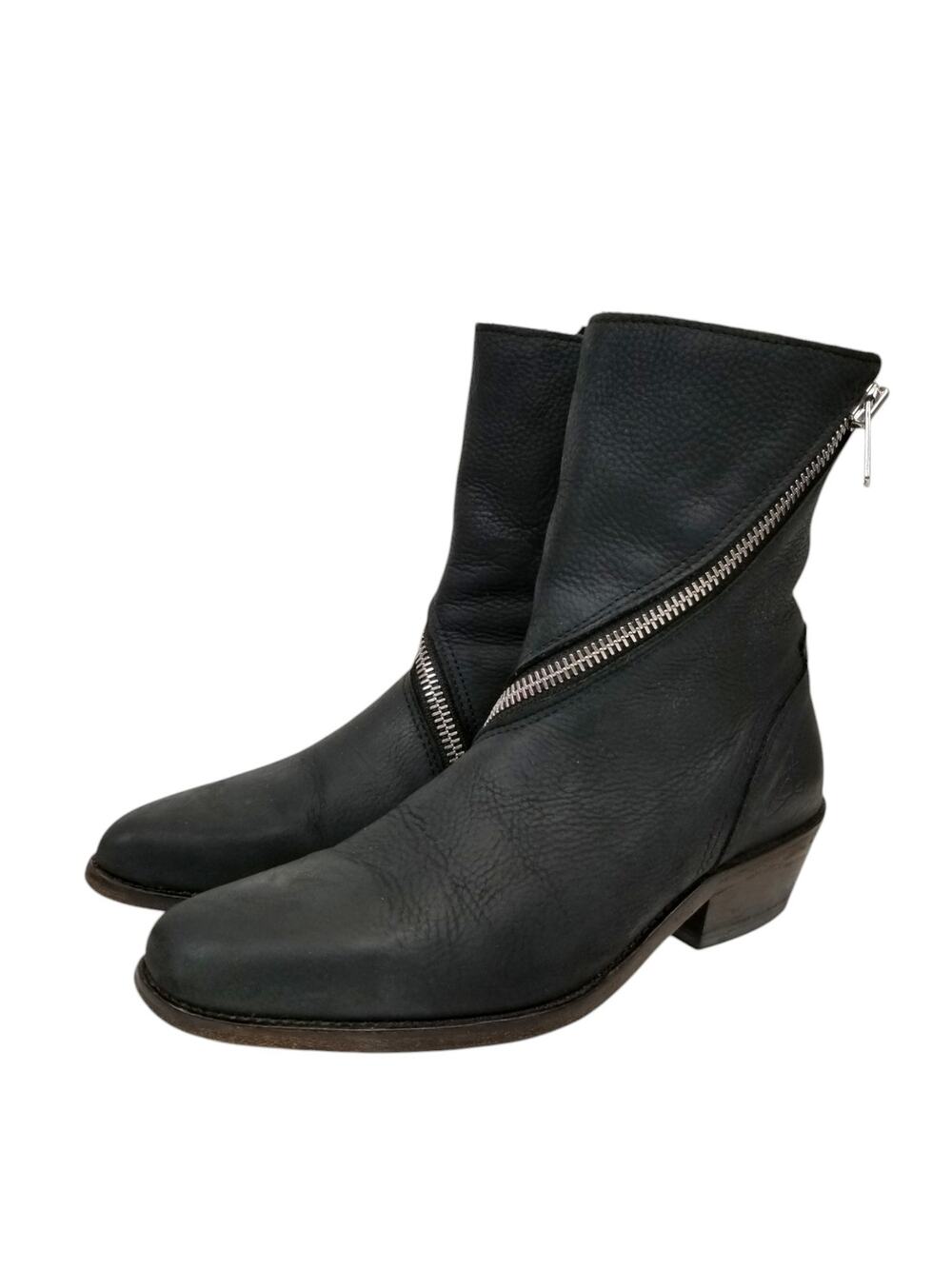 John Fluevog Ruth Skin Boots Black Leather Diagonal Spiral Zipper Women's 8.5